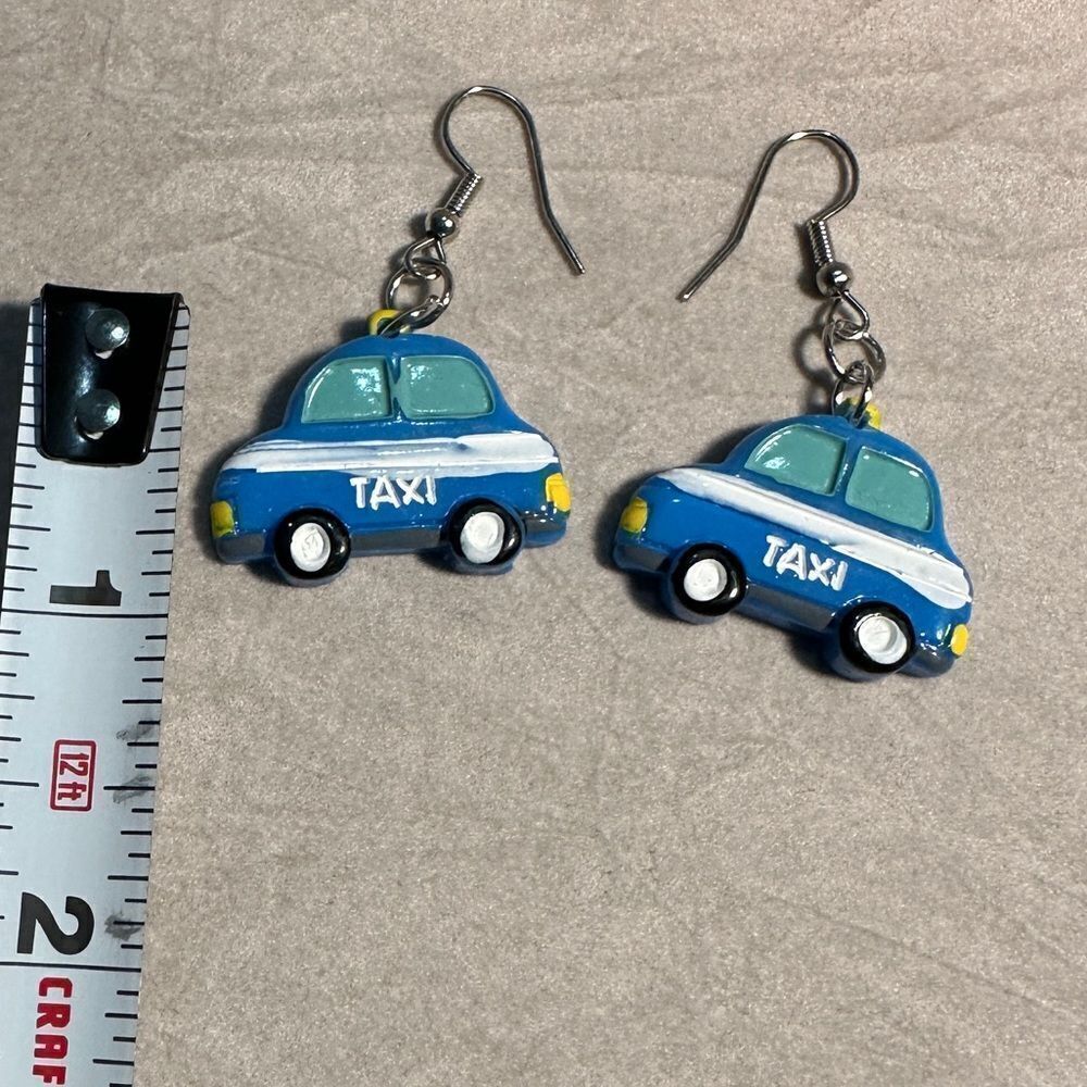 Whimsical Blue Taxi Car Earrings – Fun & Playful Statement Jewelry - Picture 9 of 17
